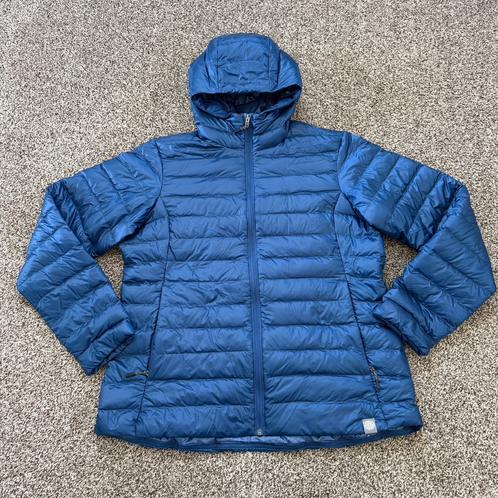 REI Co-Op Lightweight Goose Down Hooded Puffer Jacket Women's XL Blue Hiking